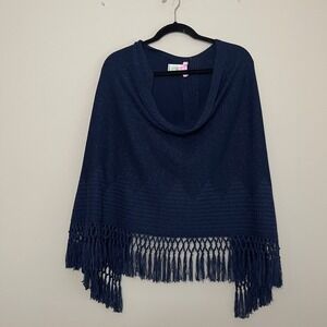 Lilly Pulitzer Navy Fringe Preppy Coastal Cape Resort Pancho Sweater One Size